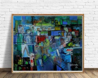 Geometric Landscape Abstract Art Oil Canvas Modern Painting Living Room Wall Art Deco Blue Green Cold Colors Kunst Peinture Abstraite