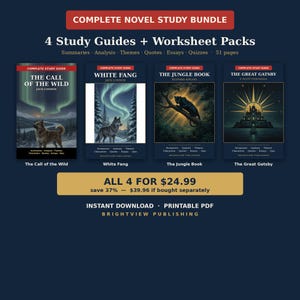 May include: A complete novel study bundle featuring four study guides and worksheet packs for The Call of the Wild, White Fang, The Jungle Book, and The Great Gatsby. This digital collection includes summaries, analysis, themes, quotes, essays, and quizzes.