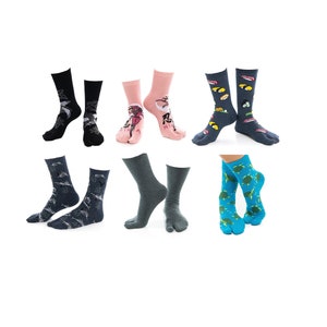 6 Pairs Split Toe Flip Flop Tabi Socks V-Toe Fun Turtle, Grey, Ninja Black, Ninja Pink, Sushi and Shark  Patterns Big Toe Quality Socks