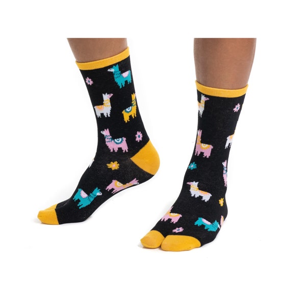 Llama Black or Green Flip-Flop Tabi Cotton Blend Socks Japanese Style Unisex Split-Toe Crew Fun Pattern Warm Womens 8.5-11.5 Men 7.5-10.5