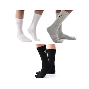 May include: Three pairs of toe socks in white, gray, and black. Each pair has a small logo near the ankle. The socks are ribbed and designed to separate the big toe from the other toes. The socks are made of a soft material.