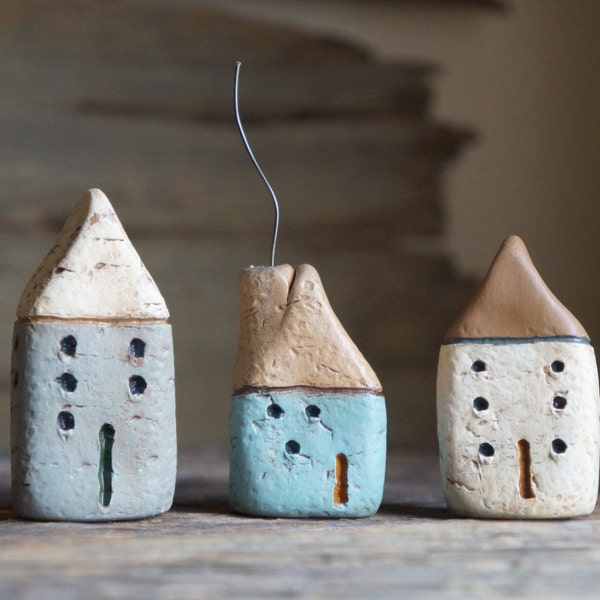 Set Of Three Miniature Cob Houses - Hand Sculpted Clay Houses - Rustic - Ready to ship