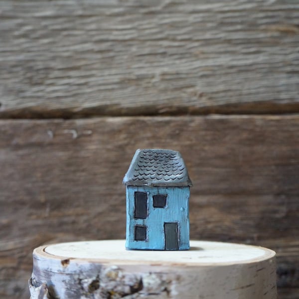 RESERVED miniature clay house - hand sculpted clay house - primitive decor - little brick house - rustic grey and raw sienna