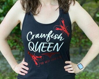 Crawfish Queen: Louisiana Women's Racerback Tank Top in Black with Metallic Red Foil
