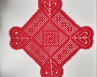 Crochet Heart Doily: Valentine's Day Lace Square with Floral Beads