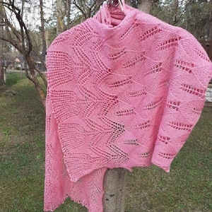 May include: A pink crocheted shawl with a delicate lace pattern. The shawl is draped over a tree branch.