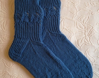 Hand Knitted Merino Wool Heel Socks: Ribbed Blue Winter Footwear EU 38-39
