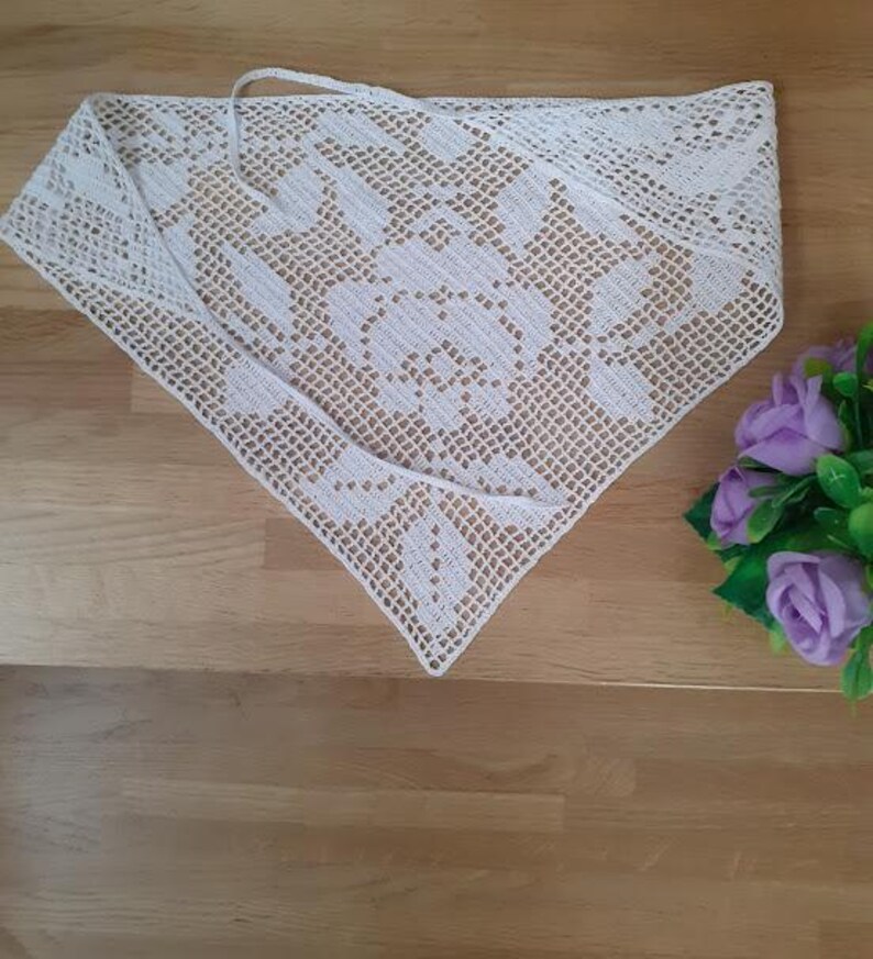 floral flower head wear headwear scarf dress filet retro baktus white net eyelet   headscarf wrap headwrap kerchief band headband headpiece lace women summer bandana hair cover triangler cotton silk organic natural eco beach small hand crochet knitted knitting handmade handcrochet accessories hook elegant romantic knitwear adult ties boho handcraft fashion fashionista gift her hairband hadwoven vintage rustic mesh rose delicate stylish village eco provence whimsical