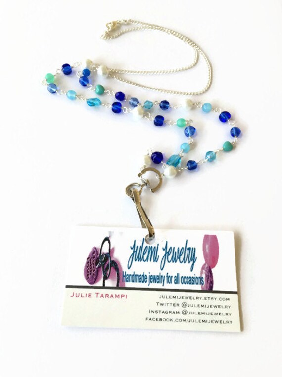 Items similar to ID Badge Necklace Blue Beaded Lanyard Necklace ID