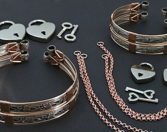 Submissive bdsm Locking Handcuffs, Ankle Restraints, FREE Chains, Soft & Sweet Sterling w/ Rose Gold Accents Slave Cuffs