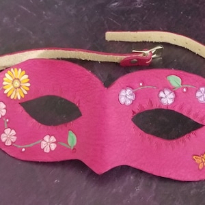 Prissy Pink Leather Mask, One of a Kind, Hand Tooled, Fuchsia Masquerade Mask, Flowers and Dragonfly, Ready To Ship Now #231