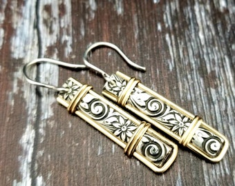 Ready To Ship  {One Available} Wild Flower Drop Earrings, Sterling Silver with Gold Wire Wrapped Accents