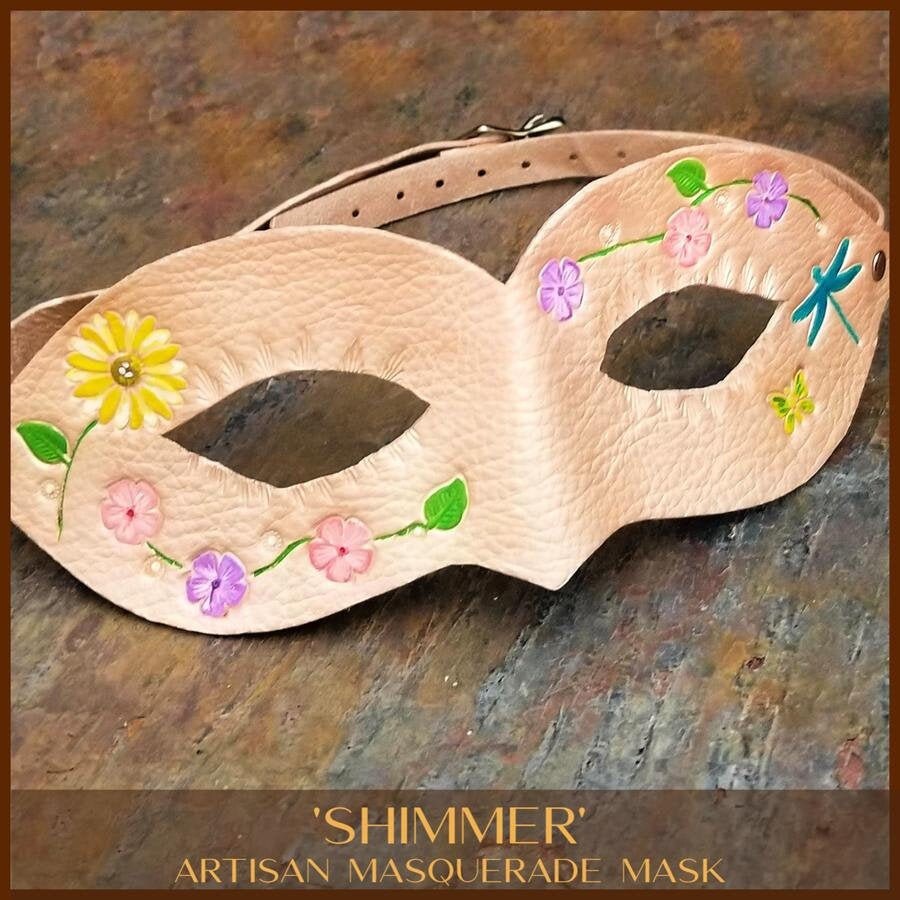 Leather Mask, "Shimmer" One of a Kind, Hand Tooled, Pearlized Masquerade Mask, Flowers and Dragonfly, Cosplay, Ready To Ship Now #221