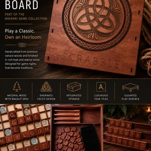 May include: A wooden Scrabble board game set from the Navarri Game Collection featuring a dark brown finish, an engraved Celtic knot design on the lid, integrated storage compartments, teak letter tiles, and a wooden tile rack for gameplay.