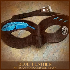 Hand Tooled Leather Masquerade Mask: &#39;Blue Feather&#39; Design