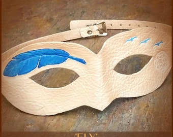 Leather Mask, &quot;Fly&quot; One of a Kind, Hand Tooled, Pearlized Masquerade Mask, Flowers and Dragonfly, Cosplay, Ready To Ship Now #217