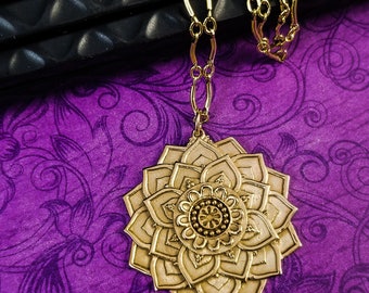 Lotus Mandala Pendant, Bronze with 14K Gold Filled Chain, Floral Pendant, Mandala Jewelry, Made To Order