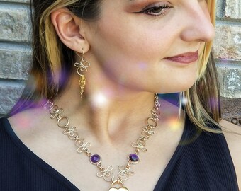 Celtic Priestess Locking Submissive Collar, Links & Gems, Gold and Amethyst, Wedding Jewelry, Romantic Jewelry, Cosplay Collar