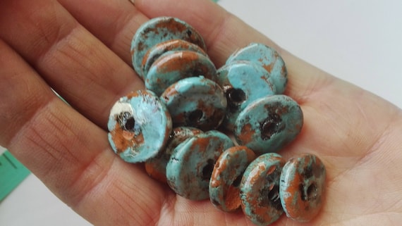 Ceramic Beads Turquoise Tube Vintage beads Artisan Beads Clay Pottery 38