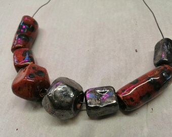 Handmade ceramic beads with a Matte gloss Ceramic beads, geometric Black Red color set7 beads