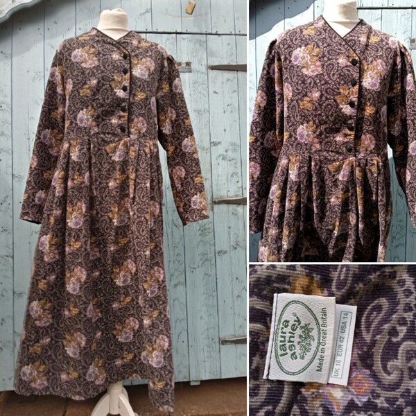 Vintage Laura Ashley Corduroy bloemenjurk Cottagecore Victoriaanse Boho UK 16 14