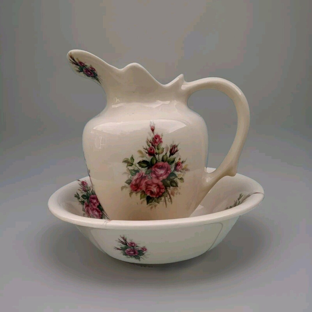 Vintage Ewer and Basin Ceramic Wash Jug & Bowl Set Victorian Cottage ...