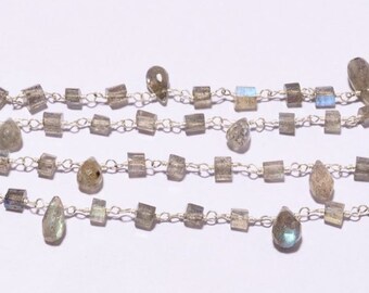 100% Natural Labradorite faceted tyre & drops 18 inch 925 sterling silver plated beaded chain