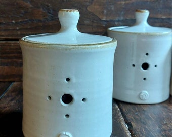 Hand Thrown White Stoneware Garlic Jar with Lid