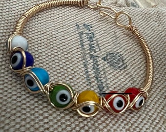 Evil eye wire wrapped bracelet, chakra jewelry, copper bracelet, rainbow set