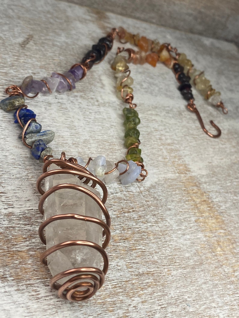 Copper Wire Wrapped Crystal Necklace, Choker, Chakra jewelry, rainbow jewelry, clear quartz image 7
