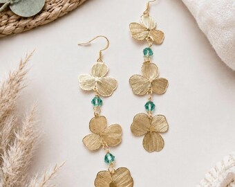 Boucles d'oreilles pendantes florales dorées, boucles d'oreilles bohèmes à fleurs avec perles turquoise, boucles d'oreilles botaniques tendance, bijoux inspirés par la nature, esthétique naturelle