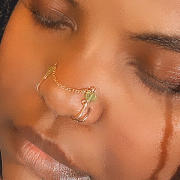 Green Garnet Heart Nose bridge cuff chain, fake piercing, faux piercing, valentines day gift