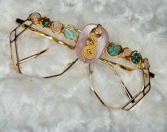 Wire Wrapped Glasses, crystal frames, Rose Quartz, Amazonite, No lenses, fashion accessories, pink and gold, cosplay, boho jewelry, fairy