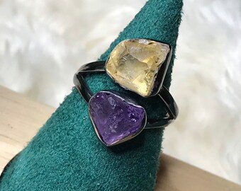 Raw Amethyst & Honey Quartz Ring, Oxidized Sterling Silver