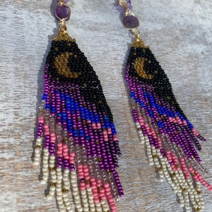 Purple Butterfly Moon Dangle seed bead earrings, titanium quartz, gold filled, boho aesthetic, music festival, cottage core, fairy image 10