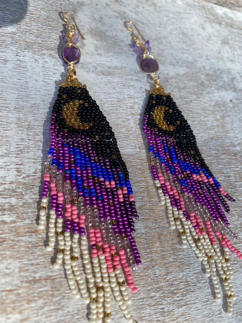 Purple Butterfly Moon Dangle seed bead earrings, titanium quartz, gold filled, boho aesthetic, music festival, cottage core, fairy image 10