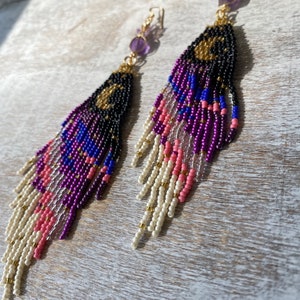 Purple Butterfly Moon Dangle seed bead earrings, titanium quartz, gold filled, boho aesthetic, music festival, cottage core, fairy image 8