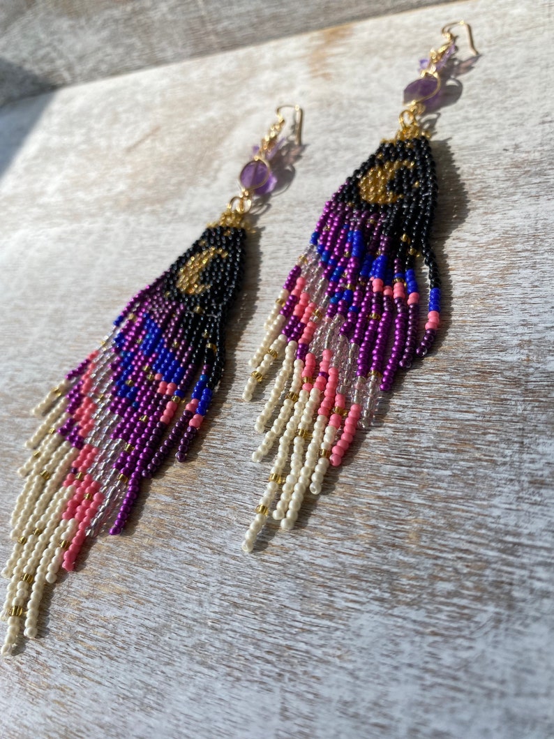 Purple Butterfly Moon Dangle seed bead earrings, titanium quartz, gold filled, boho aesthetic, music festival, cottage core, fairy image 8