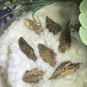 May include: Six gold-colored, naturally formed, pointed crystals with a striated texture. The crystals are arranged on a white, fluffy surface.