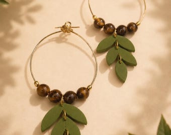 Boucles d'oreilles inspirées de la nature, boucles d'oreilles feuilles vert olive, créoles bohèmes, bijoux inspirés de la nature, créoles dorées, style déesse des bois