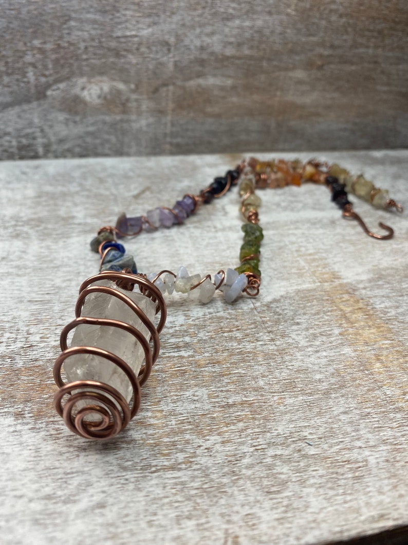 Copper Wire Wrapped Crystal Necklace, Choker, Chakra jewelry, rainbow jewelry, clear quartz image 9