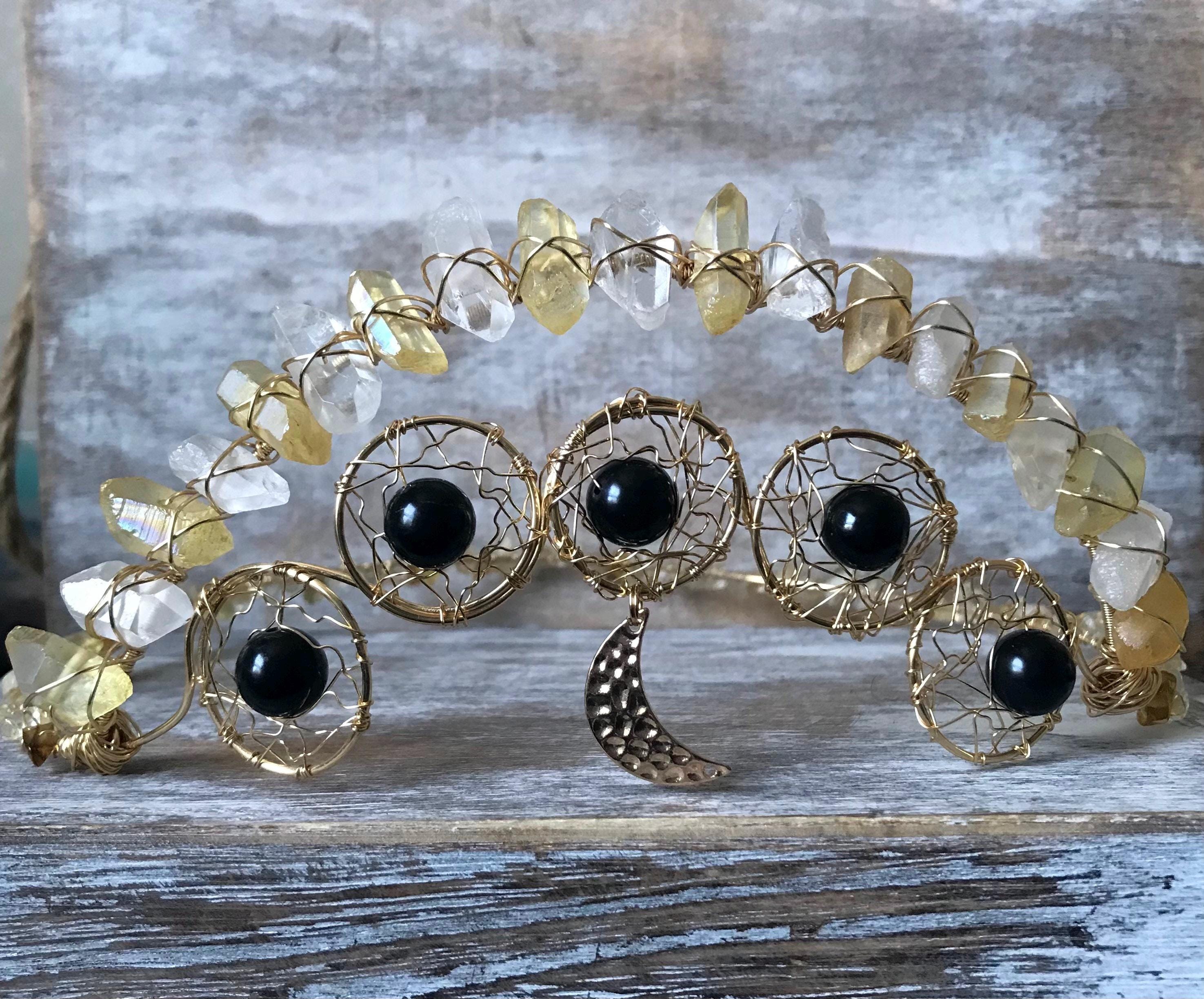Shungite Quartz Crystal Crown, Gold Wire Wrapped Moon Tiara