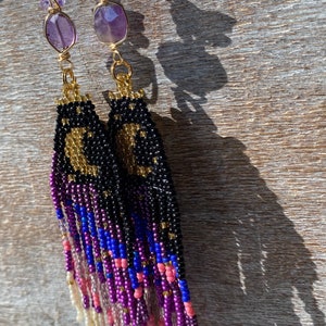 Purple Butterfly Moon Dangle seed bead earrings, titanium quartz, gold filled, boho aesthetic, music festival, cottage core, fairy image 5