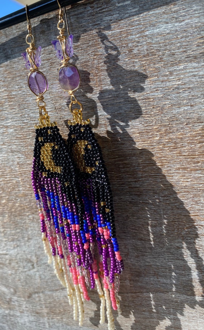 Purple Butterfly Moon Dangle seed bead earrings, titanium quartz, gold filled, boho aesthetic, music festival, cottage core, fairy image 5