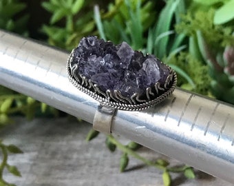 Druzy Amethyst adjustable ring sterling silver size 8