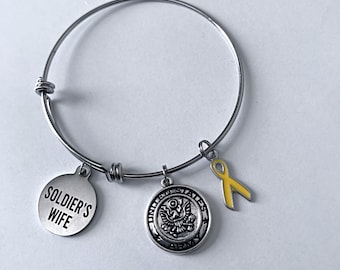 Soldier's Wife Charm Bracelet, Army Emblem, Yellow Ribbon, Adjustable