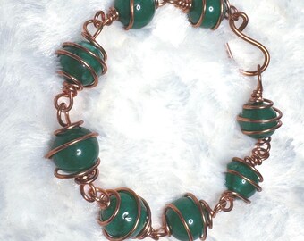 Bracelet de perles de cuivre et de quartz vert - Bijoux terreux faits main, cadeau bohème pour elle, grande taille, chakra du coeur, tons terre riches, esthétique