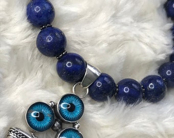 Lapis Lazuli Evil Eyes bracelet with sterling silver pendant, Blue gemstone bracelet, stretch bracelet, evil eye jewelry, Mother’s Day gift