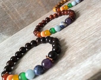 Rainbow Gemstone and wood Bracelet, spiritual gift, gift for her, yoga instructor, chakra jewelry