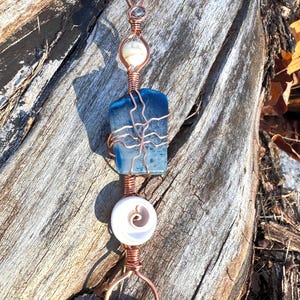 Varita portacristales envuelta en alambre de cobre inspirado en la playa, 420, ágata azul, conchas, para uñas largas